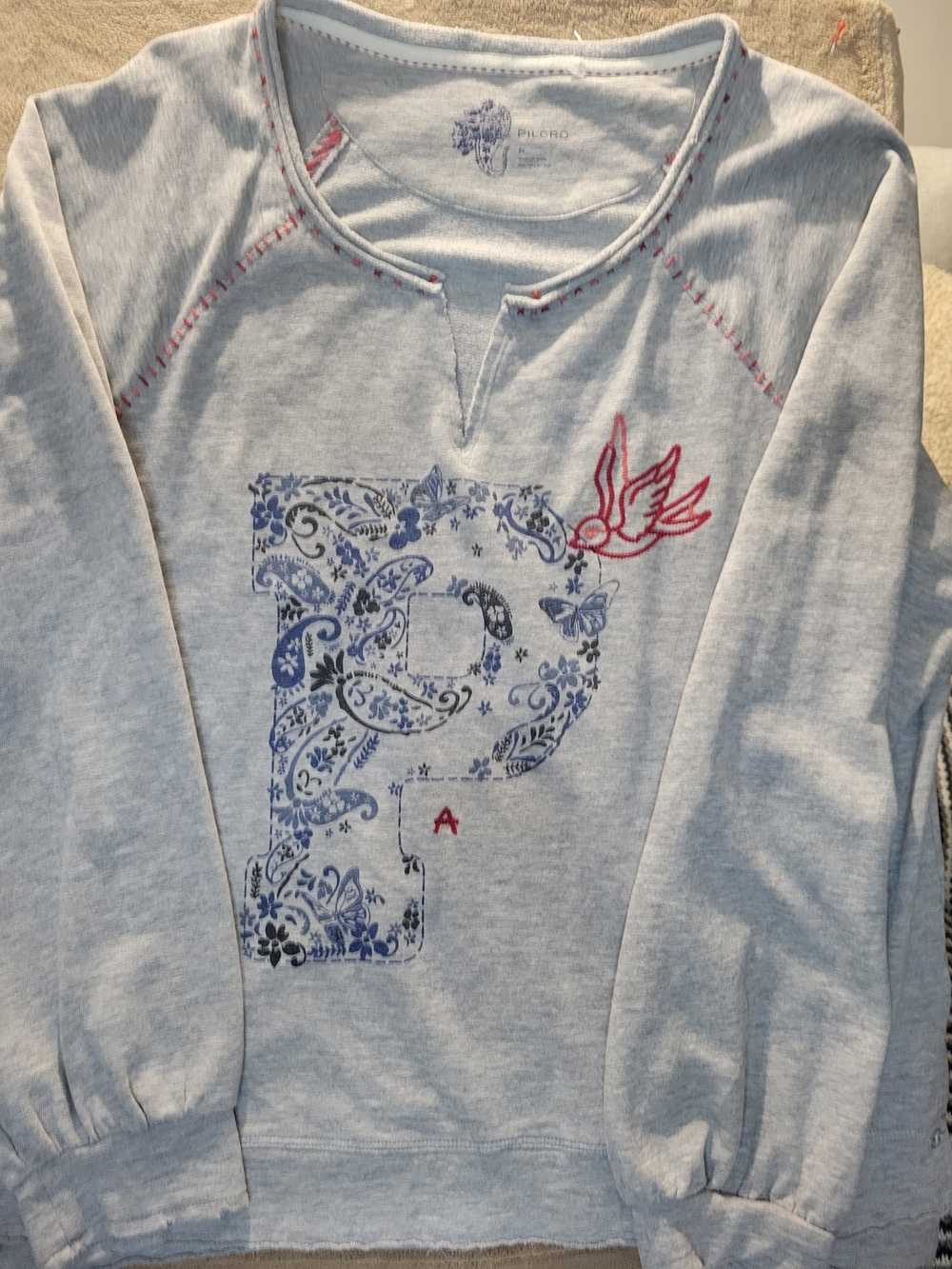 Pilcro Anthropologie Gray Sweatshirt with Split- Neck Floral 'P'and Bird Accent